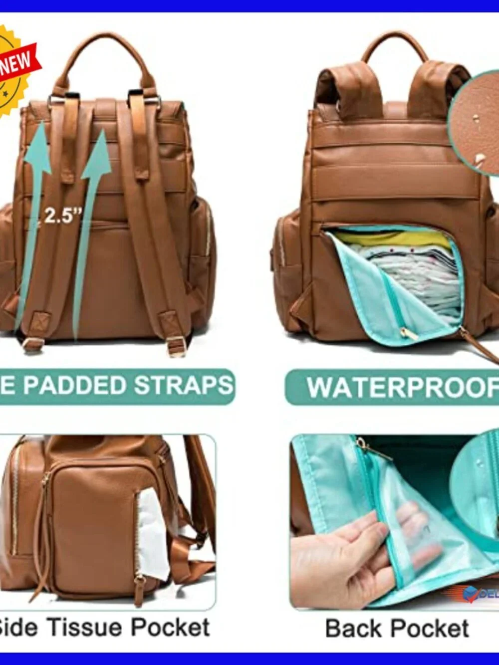 Leather Diaper Backpack with 14 Pockets, Insulated Compartments, Changing Pad